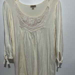 One World Women's Cream Crochet Sequin 3/4 Sleeve 100% Cotton Blouse Large